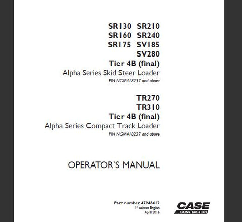 Discover the essential CASE Alpha Series Operator’s Manual, designed specifically for the SR130, SR210, SR160, SR240, SR175, SV185, SV280 Tier 4B (Final) Skid Steer Loaders and TR270, TR310 Tier 4B (Final) Compact Track Loaders. This comprehensive PDF file serves as your go-to resource for maximizing the performance and longevity of your equipment.