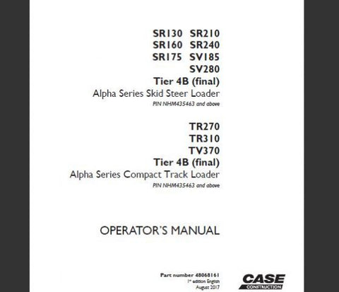 Discover the essential CASE Alpha Series Operator’s Manual, designed specifically for the SR130, SR210, SR160, SR240, SR175, SV185, SV280 Tier 4B (Final) Skid Steer Loaders and TR270, TR310, TV370 Tier 4B (Final) Compact Track Loaders. This comprehensive PDF file is your go-to resource for maximizing the performance and efficiency of your machinery.