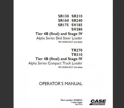 Discover the essential CASE Operator’s Manual for the SR130, SR210, SR160, SR240, SR175, SV185, SV280 Tier 4B (Final) and Stage IV Alpha Series Skid Steer Loaders, as well as the TR270 and TR310 Tier 4B (Final) and Stage IV Alpha Series Compact Track Loaders. This comprehensive PDF file is designed to provide operators with all the necessary information to maximize the performance and efficiency of their machines.
