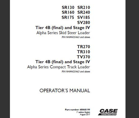 Discover the essential CASE Operator’s Manual for the SR and TR Alpha Series Skid Steer and Compact Track Loaders. This comprehensive PDF file covers models SR130, SR210, SR160, SR240, SR175, SV185, SV280, TR270, TR310, and TV370, all compliant with Tier 4B (Final) and Stage IV regulations.