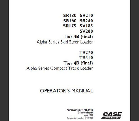 Discover the essential CASE Alpha Series Operator’s Manual, designed specifically for the SR130, SR210, SR160, SR240, SR175, SV185, SV280 Tier 4B (Final) Skid Steer Loaders and TR270, TR310 Tier 4B (Final) Compact Track Loaders. This comprehensive PDF file serves as your go-to resource for maximizing the performance and longevity of your equipment.