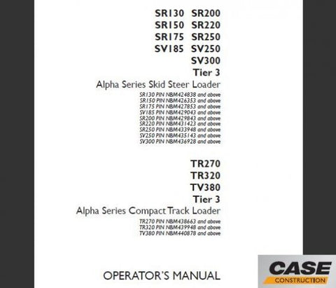 Discover the essential CASE SR130, SR200, SR150, SR220, SR175, SR250, SV185, SV250, SV300 Tier 3 Alpha Series Skid Steer Loader and TR270, TR320, TV380 Tier 3 Alpha Series Compact Track Loader Operator’s Manual in a convenient PDF format. This comprehensive manual is designed to enhance your operational efficiency and ensure you get the most out of your equipment.