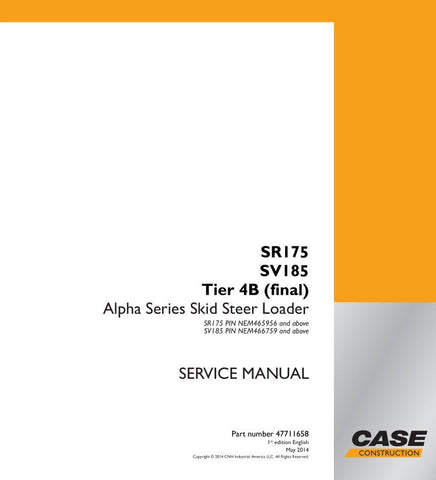 Discover the essential CASE SR175 and SV185 Tier 4B (Final) Service Manual, part number 47711658, designed for professionals who demand precision and reliability in their equipment maintenance. This comprehensive guide provides detailed instructions and specifications to ensure your machinery operates at peak performance.