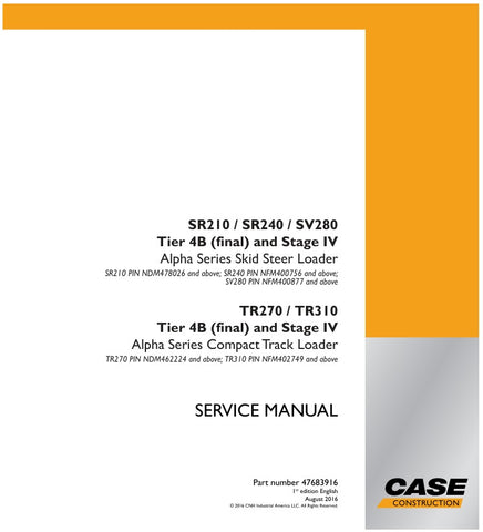 Enhance your maintenance capabilities with the CASE SR210, SR240, SV280, TR270, and TR310 Tier 4B (Final) and Stage IV Service Manual (Part Number: 47683916). This comprehensive PDF file is an essential resource for technicians and operators, providing detailed information on service procedures, troubleshooting, and specifications. Ensure optimal performance and longevity of your equipment with this user-friendly manual, designed to streamline your service tasks and minimize downtime. Invest in your machine