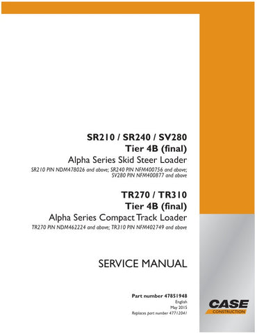  Unlock the full potential of your CASE machinery with the comprehensive Tier 4B (Final) Service Manual for models SR210, SR240, SV280, TR270, and TR310. This PDF file, catalog number 47851948, is an essential resource for maintenance and repair, providing detailed instructions, diagrams, and troubleshooting tips to ensure optimal performance and longevity of your equipment. Equip yourself with the knowledge to tackle any service challenge and keep your machines running smoothly, maximizing productivity and