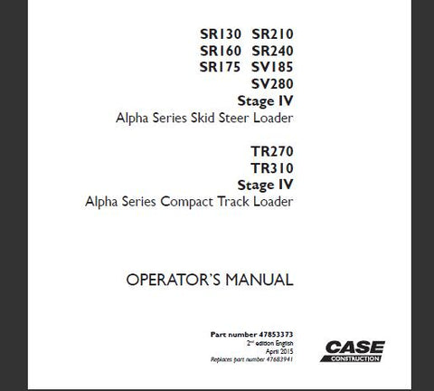 Discover the essential CASE Alpha Series Operator’s Manual, designed specifically for the SR130, SR200, SR150, SR220, SR175, SR250, SV185, SV250, SV300 Tier 3 Skid Steer Loaders and TR270, TR320, TV380 Tier 3 Compact Track Loaders. This comprehensive PDF file serves as your go-to resource for maximizing the performance and efficiency of your machinery.