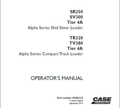 Discover the ultimate resource for your CASE SR250/SV300 Tier 4A Alpha Series Skid Steer Loader and TR320/TV380 Tier 4A Alpha Series Compact Track Loader with our comprehensive Operator’s Manual. This PDF file is designed to provide you with essential information, ensuring you maximize the performance and longevity of your equipment.