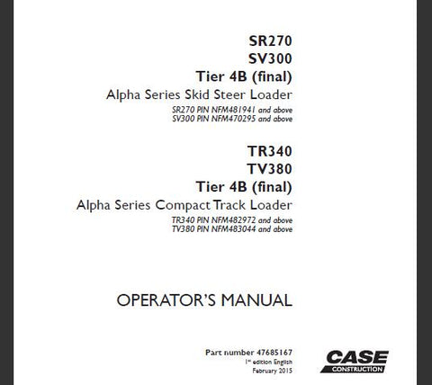 Discover the ultimate resource for your CASE SR270 and SV300 Tier 4B (Final) Alpha Series Skid Steer Loader, as well as the TR340 and TV380 Tier 4B (Final) Alpha Series Compact Track Loader. This comprehensive operator’s manual is designed to enhance your understanding and operation of these powerful machines, ensuring you get the most out of your investment.