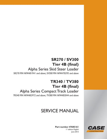 Enhance your maintenance capabilities with the CASE SR270, SV300, TR340, TV380 TIER 4B (FINAL) Service Manual (Part No. 47685161) in PDF format. This comprehensive guide provides detailed information on servicing and troubleshooting, ensuring your equipment operates at peak performance. With easy navigation and clear illustrations, this manual is an essential resource for technicians and operators alike, helping you save time and reduce downtime. Invest in your machinery's longevity and efficiency today!