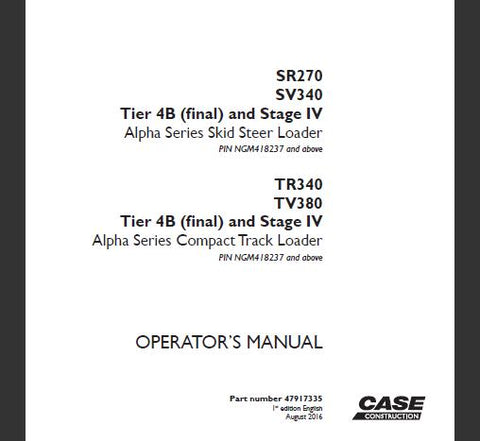 DISCOVER THE ULTIMATE RESOURCE FOR YOUR CASE SR270, SV340 TIER 4B (FINAL) AND STAGE IV ALPHA SERIES SKID STEER LOADER, AS WELL AS THE TR340 AND TV380 TIER 4B (FINAL) AND STAGE IV ALPHA SERIES COMPACT TRACK LOADER WITH OUR COMPREHENSIVE OPERATOR’S MANUAL IN PDF FORMAT.