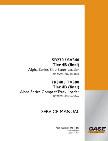  Enhance your maintenance capabilities with the CASE SR270, SV340, TR340, TV380 Tier 4B (Final) Service Manual (Part No. 47916277) in PDF format. This comprehensive guide provides detailed instructions, diagrams, and troubleshooting tips to ensure optimal performance and longevity of your equipment. Perfect for technicians and operators alike, this manual is an essential resource for efficient service and repair, helping you minimize downtime and maximize productivity. Invest in your machinery's upkeep toda