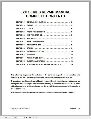 Discover the ultimate resource for your CASE Tractor JXU Series with the comprehensive Repair Manual