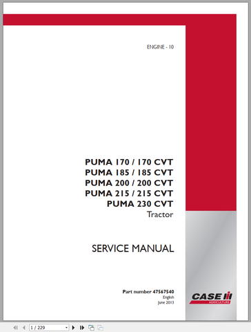 Unlock the full potential of your CASE Tractor with the comprehensive Puma 170, 185, 200, 215, and 230 CVT Service Manual. This PDF file is an essential resource for both seasoned