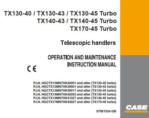 Discover the essential CASE Telehandlers Operator’s Manual, designed specifically for models TX130-40, TX130-43, TX130-45, TX140-43, TX140-45, and TX170-45. This comprehensive PDF file serves as your go-to resource for understanding the operation, maintenance, and safety protocols of your telehandler, ensuring optimal performance and longevity.