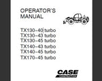 Discover the essential CASE Telehandler Operator's Manual, designed specifically for models TX130-40, TX130-43, TX130-45, TX140-43, TX140-45, and TX170-45. This comprehensive PDF file serves as your go-to resource for understanding the operation, maintenance, and safety protocols of your telehandler, ensuring optimal performance and longevity.