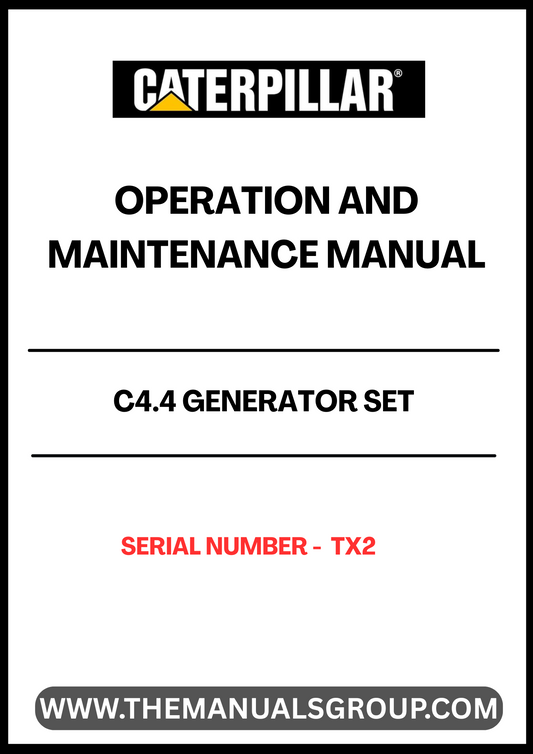 Discover the essential CAT C4.4 Generator Set Operation and Maintenance Manual, specifically designed for serial number TX2. This comprehensive guide provides detailed instructions to ensure optimal performance and longevity of your generator set. With clear diagrams and step-by-step procedures, you can easily navigate through operation protocols and maintenance tasks.