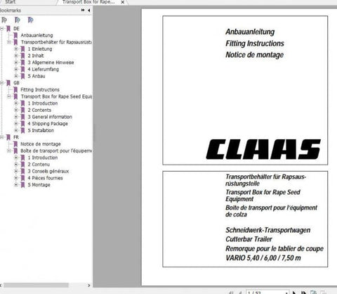 Enhance your CLAAS combines with the Vario Cutterbar Trailer fitting instruction manual, available in a convenient PDF format. This comprehensive guide provides step-by-step instructions for the 5.40, 6.00, and 7.50 m models, ensuring a seamless setup process