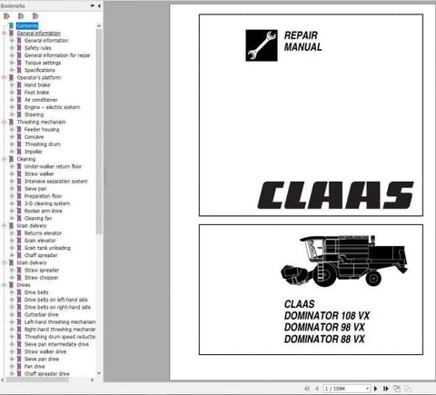 Unlock the full potential of your CLAAS Combine Harvester Dominator 108, 98, and 88 VX with our comprehensive Repair Manual in PDF format. This essential guide is designed to provide you with detailed instructions and insights, ensuring that you can maintain and