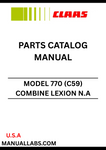 Discover the essential CLAAS Combine Lexion N.A 770 Parts Catalogue Manual, specifically designed for serial numbers C5900011 to C5999999. This comprehensive guide provides detailed information on all parts, ensuring you have the right components for maintenance and repairs.