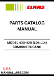 Discover the comprehensive CLAAS Combine Tucano 430-420 Parts Catalogue Manual, specifically designed for serial numbers L1400011 to L1499999. This essential resource provides detailed diagrams and part numbers, ensuring you can easily identify and order the components you need to keep your combine running smoothly.