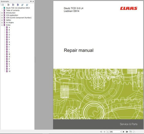 Unlock the full potential of your CLAAS DEUTZ TCD 3.6 L4 and LIEBHERR D914 engines with our comprehensive Repair Manual, available in a convenient PDF format. This essential guide provides detailed instructions, diagrams, and troubleshooting tips to ensure your