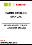 Discover the essential CLAAS Forage Harvester Jaguar 85 Parts Catalogue Manual, specifically designed for serial numbers 17001001 to 17099999. This comprehensive guide provides detailed information on all parts, ensuring you have the right components for maintenance and repairs.