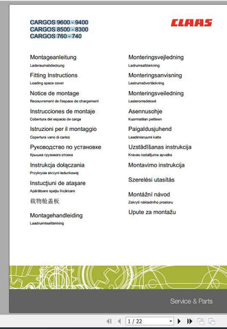 Enhance your CLAAS loader wagon experience with the comprehensive fitting instruction manual for models CARGOS 9600-9400, 8500-8300, and 760-740. This PDF file is designed to provide you with clear, step-by-step guidance, ensuring that you can efficiently assemble and maintain your equipment with confidence.
