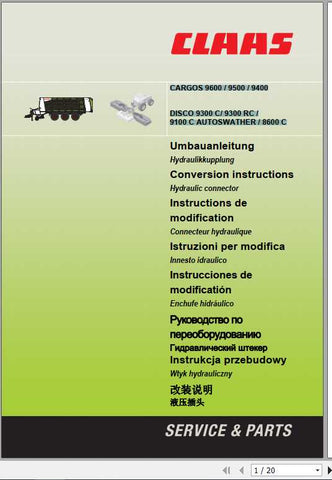 Unlock the full potential of your CLAAS Loader Wagons with our comprehensive Conversion Instructions Manual for the CARGOS 9600-9400, DISCO 9300C RC, 9100C, and 8600C