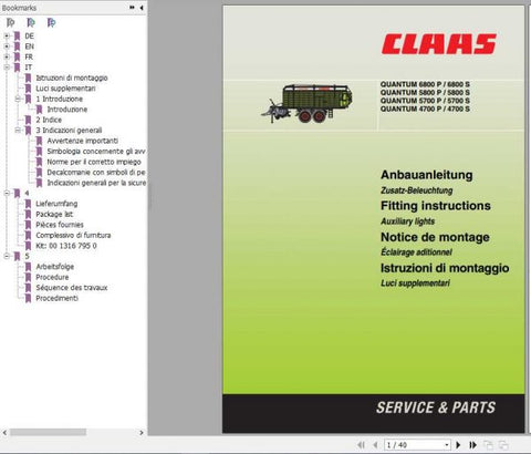 Discover the ultimate resource for your CLAAS Loader Wagons with the Quantum 6800, 5800, 5700, and 4700 P(S) Fitting Instruction Manual. This comprehensive PDF file is designed to provide you with clear, step-by-step guidance for optimal setup and maintenance of your equipment, ensuring you get the most out of your investment.