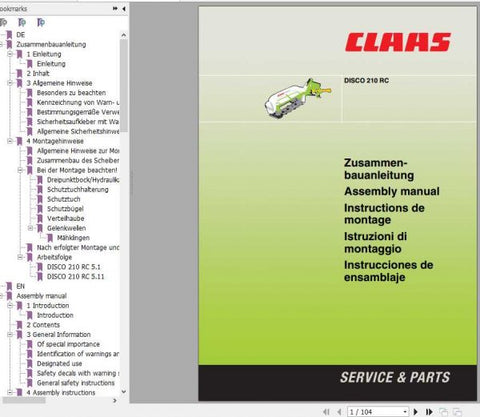 Discover the essential CLAAS Mowers DISCO 210 RC Assembly Instruction Manual, now available in a convenient PDF format. This comprehensive guide is designed to streamline the assembly process, ensuring that you can set up your mower quickly and efficiently