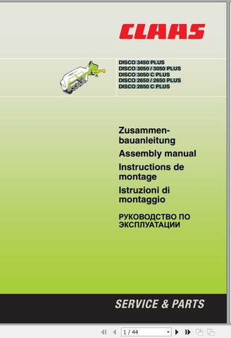 Discover the essential CLAAS Mowers DISCO 3450, 3050, and 2650 Plus Assembly Instruction Manual, now available in a convenient PDF format. This comprehensive guide is designed to streamline the assembly process, ensuring that you can get