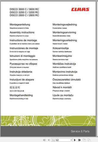 Discover the essential CLAAS Mowers Assembly Instruction Manual, designed specifically for models DISCO 3600C, 3600RC, 3200C, 3200RC, 2800C, and 2800RC. This comprehensive