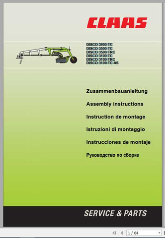 Discover the essential CLAAS Mowers Assembly Instruction Manual for models DISCO 3900TC, 3500TC, 3500TRC, and 3100TC TRC TC AS. This comprehensive PDF
