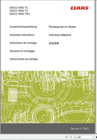 Discover the essential CLAAS Mowers DISCO 4000TC, 3600TC, and 3600TRC Assembly Instruction Manual, now available in a convenient PDF format. This comprehensive guide is designed to streamline the assembly process, ensuring that you can get your mowers