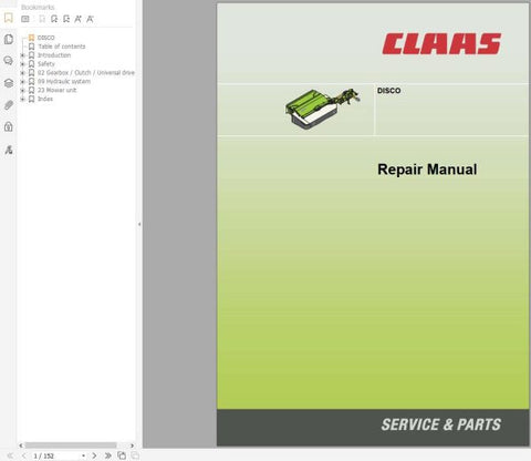Discover the essential CLAAS Mowers DISCO 8400 F54 Assembly Operators Technical Repair Manual, now available in a convenient PDF format. This comprehensive guide is designed to provide operators and technicians with detailed instructions for