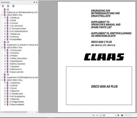 Discover the essential CLAAS Mowers DISCO 8550 C Plus Operator’s Manual, now available in a convenient PDF format. This comprehensive guide is designed to enhance