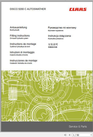 Discover the essential CLAAS Mowers DISCO 9200 C Autoswather Fitting Instruction Manual, now available in a convenient PDF format. This comprehensive guide is designed to streamline the installation process, ensuring that you can get your mower up and running with ease.