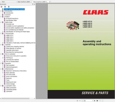 Discover the essential CLAAS Swathers Liner Assembly & Operating Instruction Manual, designed specifically for models 350S, 390S, 430S, and 470S. This comprehensive PDF file provides clear, step-by
