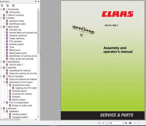 Ensure your CLAAS SWATHER VOLTO 1050 T operates at peak performance with our comprehensive Assembly Instruction Manual, available in a convenient PDF format. This manual