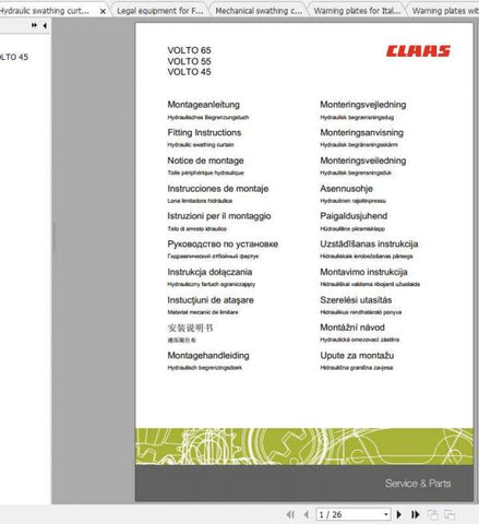 Enhance your CLAAS tedding experience with the comprehensive Fitting Instruction Manual for the VOLTO 65, VOLTO 55, and VOLTO 45 models. This PDF file is designed to provide you with clear, step-by-step guidance, ensuring that you can efficiently assemble and maintain your equipment with confidence