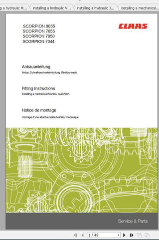 Enhance your CLAAS Telehandler experience with the Scorpion 9055, 7055, and 7044 Fitting Instruction Manual. This comprehensive PDF file is designed to provide you with clear, step-by-step guidance for optimal setup and maintenance of your equipment.