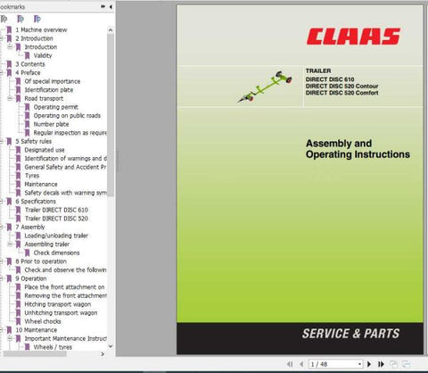 Discover the essential CLAAS Trailer Direct Disc 610, 520 Contour, and 520 Comfort Operator’s Manual in a convenient PDF format. This comprehensive guide is designed to enhance your 