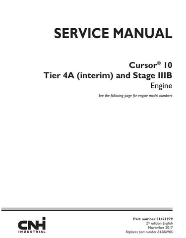 Unlock the full potential of your CNH Cursor 10 Tier 4A (Interim) and Stage IIIB engine with the comprehensive service manual (51421979) in PDF format. This essential guide provides detailed insights into maintenance, troubleshooting, and repair procedures, ensuring your engine operates at peak performance. With easy navigation and clear illustrations, this manual is designed for both seasoned technicians and DIY enthusiasts, making it an invaluable resource for keeping your equipment running smoothly and