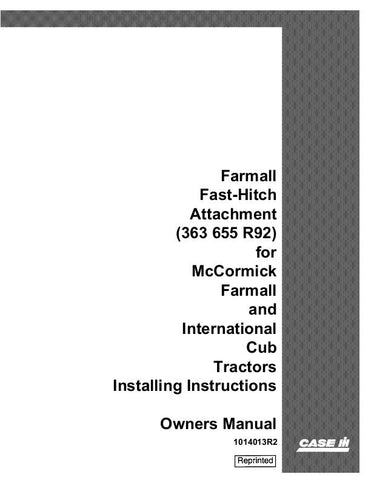 Case IH Cub Fast Hitch Attachment - IH for Farmall and International Cub Tractor Operator`s Manual 1014013R2 - Manual labs