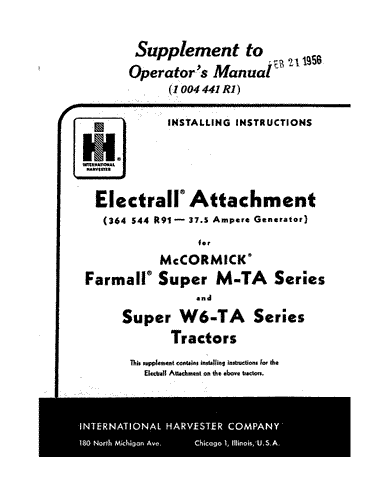 Case IH Supplement for M-TA, W6-TA Farmall Tractor Operator's Manual 1004444R2