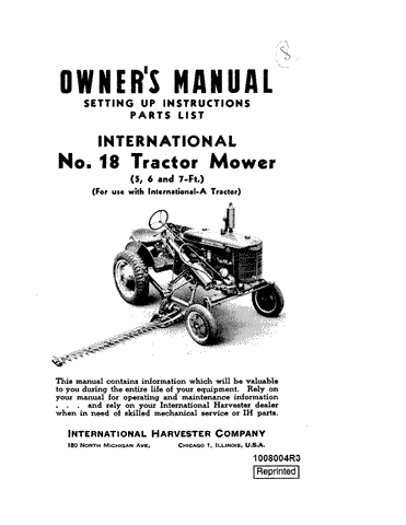 Case International No. 18 NA Tractor Mower 5, 6, 7 foot Operator`s Manual 1008004R3 - Manual labs