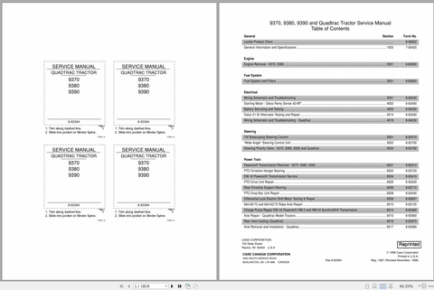Case 9370, 9380, 9390 and Quadtrac Tractor Service Repair Manual