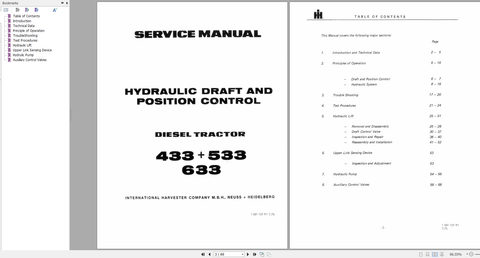 CASE HYDRAULIC DRAF, POSITION CONTROL DIESEL TRACTOR 433, 533, 633 SERVICE MANUAL 1091107R1 - PDF FILE