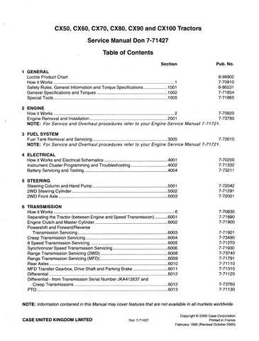 Case IH CX50, CX60, CX70, CX80 and CX100 Tractor Service Repair Manual 