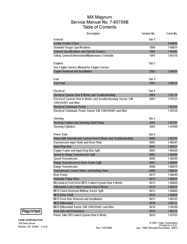 Case IH MX180, MX200, MX220, MX240, MX270 Tractor Service Repair Manual Rac 7-85709B